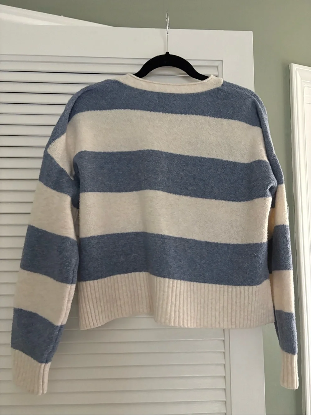 miami Blue and Cream Striped V-Neck Sweater with Button Placket